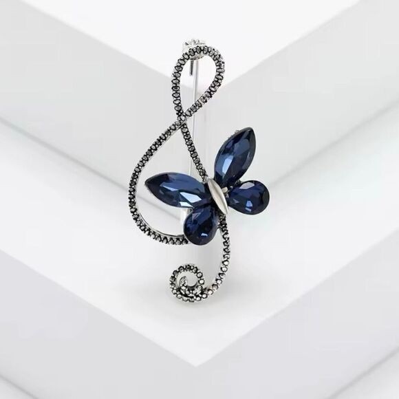 Blue Sapphire Rhinestone Butterfly Brooch Womens Casual Treble Clef Musical Pin - Picture 1 of 6